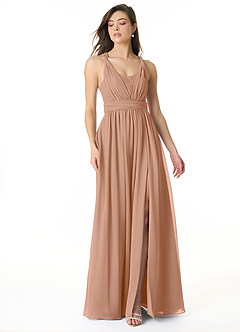 Azazie Olani Bridesmaid Dresses Champagne Rose A-Line Off the Shoulder Chiffon Convertible Dress image1