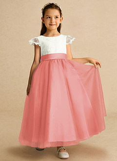 Azazie Pookie Flower Girl Dresses Coral A-Line Lace Tulle Dress image4
