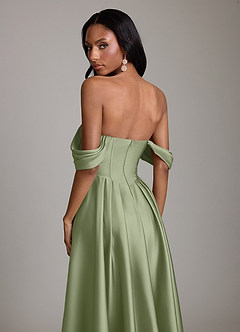 Azazie Loisa Vestidos de madrinha de casamento Vestido Pistache de Cetim elástico de Linha A com Ombros Caídos image4