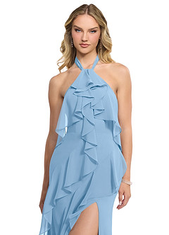 Azazie Velma Bridesmaid Dresses Powder Blue A-Line Side Slit Chiffon Dress image4