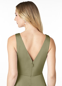 Azazie Nelly Vestidos de damas de honor Vestido de Pistacho de Satén Elástico de Corte en A con Cuello en V Plisado image5