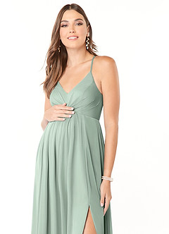 Azazie Annabelle At-home Try On Dresses A-Line V-Neck Pleated Mesh Floor-Length Dress image6