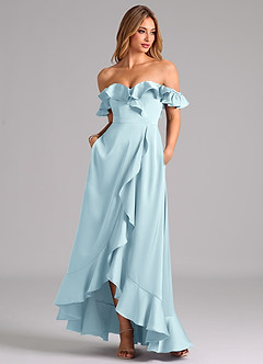 Azazie Lyra Robes de demoiselle d'honneur Robe Trapèze Convertible en Satin extensible Épaules dénudées Bleu Nuage image3