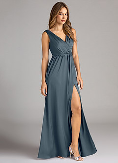 Azazie Tanicia Robes de demoiselle d'honneur Robe Trapèze en Satin extensible Plissée Violet Crépusculaire image4