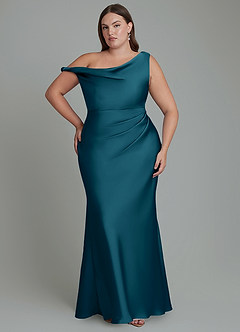 Azazie Emerson Bridesmaid Dresses Ink Blue Mermaid Off the Shoulder Stretch Satin Dress image8
