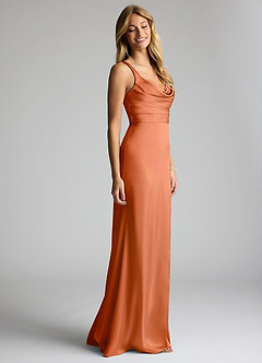 Azazie Elida Bridesmaid Dresses Copper Sheath Pleated Stretch Satin Dress image3