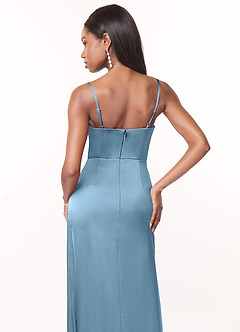 Azazie Maci Bridesmaid Dresses Steel Blue A-Line V-Neck Pleated Stretch Satin Dress image4