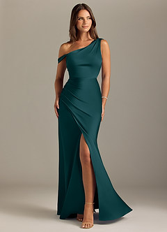 Azazie Madelyn Bridesmaid Dresses Pine Mermaid Off the Shoulder Stretch Satin Convertible Dress image1