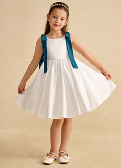 Azazie Stacie Flower Girl Dresses Ivory Ink Blue A-Line Bow Matte Satin Dress image1