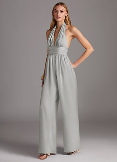 Azazie Oli Final Sale Silver Pleated Stretch Satin Jumpsuit image4