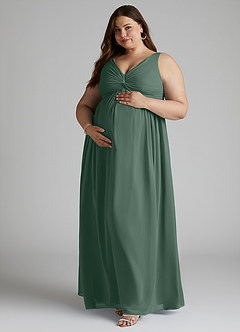 Azazie Yetta Maternity Bridesmaid Dresses A-Line V-Neck Gathered Chiffon Floor-Length Dress image9