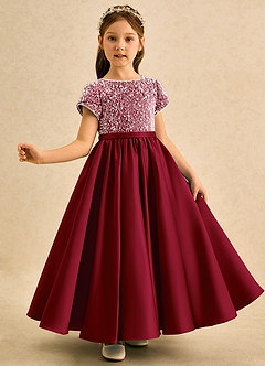 Azazie Cashew Blumenmädchenkleider Ballkleid mit ärmel Matte Satin Kleid Burgunderrot image4