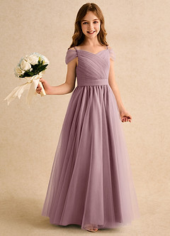 Azazie Yuna Junior Formal Flower Girl Dresses Dusty Rose A-Line Off the Shoulder Tulle Dress image1