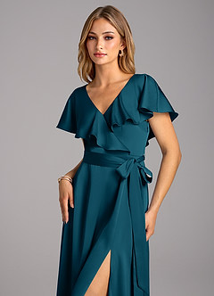 Azazie Lainey Robes de demoiselle d'honneur Robe Trapèze en Satin extensible avec poches Bleu Encre image6