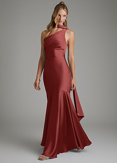 Azazie Amara Robes de demoiselle d'honneur Robe Sirène en Satin extensible Asymétrique Terracotta image5