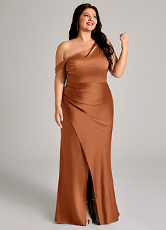 Azazie Madelyn Bridesmaid Dresses Copper Mermaid One Shoulder Stretch Satin Convertible Dress image13
