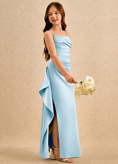 Azazie Cannoli Girls Formal Flower Girl Dresses Sky Blue A-Line Pleated Matte Satin Dress image4