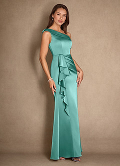 Azazie Hamptons Mother of the Bride Dresses Aqua A-Line Pleated Stretch Satin Dress image3