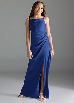 Azazie Leonis Junior Royal Blue A-Line Pleated Stretch Satin Dress image1