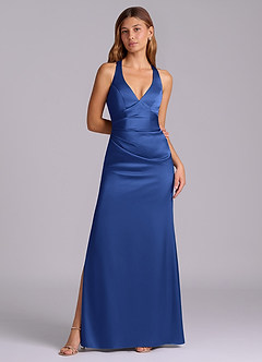 Azazie Amelie Bridesmaid Dresses Royal Blue A-Line Pleated Stretch Satin Dress image4