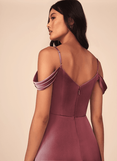 Azazie Ocean Bridesmaid Dresses Merlot A-Line V-Neck Pleated Stretch Satin Dress image5