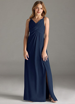 Azazie Maren Allure Junior Dark Navy A-Line Lace Chiffon Dress image1