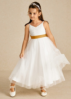 Azazie Lea Blumenmädchenkleider A-Linie Spaghetti Riemen Tüll Kleid Butterscotch image3