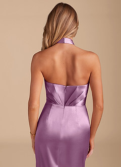 Azazie Zaya Bridesmaid Dresses Wisteria Sheath Pleated Metallic Satin Dress image2