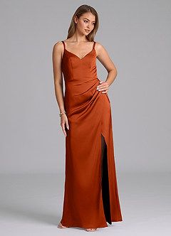 Azazie Leo Final Sale Paprika Sheath Pleated Stretch Satin Dress image5