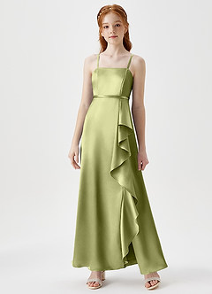 Azazie Kaylee Junior A-Linie Gürtel/Schärpe Metallischer Satin Kleid Pistazie image1