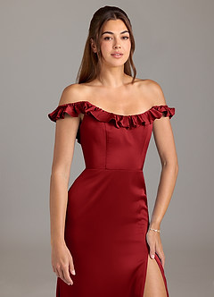Azazie Callie Bridesmaid Dresses Pomegranate A-Line Ruched Stretch Satin Convertible Dress image8