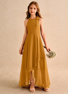 Azazie Boop Girls Formal Robe Demoiselle D'honneur Fillette Robe Trapèze en Mousseline de soie Arc Caramel écossais image4
