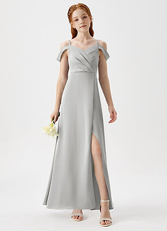 Azazie Ocean Junior Silver A-Line Off the Shoulder Stretch Satin Dress image4