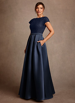 Azazie Albany Mother of the Bride Dresses Dark Navy A-Line Pleated Lace Dress image2