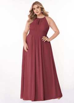 Azazie Bonnie Jurken voor bruidsmeisjes Jurk van Chiffon met A-Lijn Sleutelgat met ruches Merlot image6