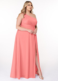 Azazie Brooke Bridesmaid Dresses Coral A-Line One Shoulder Mesh Dress image9