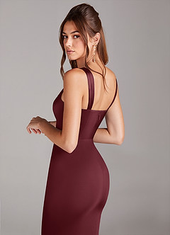 Azazie Denice 신부 들러리 드레스 쉬스 주름진 스트레치 새틴 발목 길이 드레스 image5