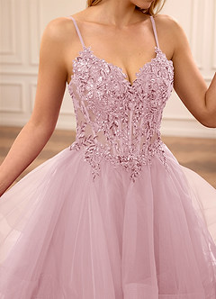 Zinnia Pink A-line Floral V-neck Tulle Tier Prom Dress image4