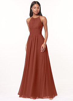 Azazie Bonnie Robes de demoiselle d'honneur Robe Trapèze en Mousseline de soie Trou de serrure froncé Auburn image1