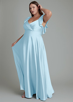 Azazie Leilani Bridesmaid Dresses Sky Blue A-Line Ruched Stretch Satin Dress image14