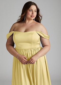 Azazie Morana Jurken voor bruidsmeisjes Converteerbaar Jurk van Stretch Satijn met A-Lijn Off the Shoulder Citroensorbet image17