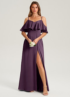 Azazie Jean Bridesmaid Dresses Plum A-Line Off the Shoulder Stretch Satin Dress image1
