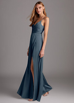 Azazie Calissa Robes de demoiselle d'honneur Robe Trapèze en Satin extensible Col V plissé Violet Crépusculaire image8