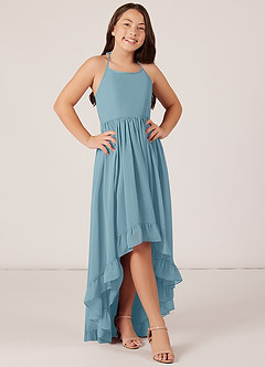 Azazie Sarafina Junior Moody Blue A-Line Lace Chiffon Dress image5