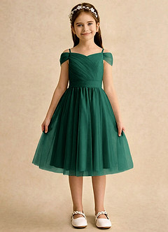 Azazie Lila Girls Formal Robe Demoiselle D'honneur Fillette Robe Trapèze en Tulle Épaule décolletée émeraude image1