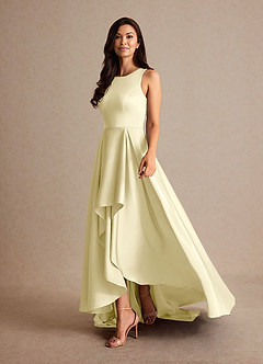 Azazie Niles Mother of the Bride Dresses Lemon Sorbet A-Line Trains Stretch Satin Dress image3