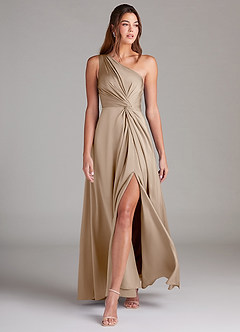 Azazie Brooke Bridesmaid Dresses Taupe A-Line One Shoulder Stretch Satin Dress image3