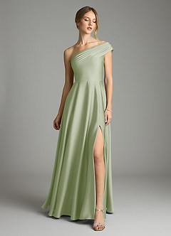 Azazie Melanie Jurken voor bruidsmeisjes Jurk van Stretch Satijn met A-Lijn Off the Shoulder Stoffige Salie image3