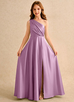 Azazie Puddles Girls Formal Robe Demoiselle D'honneur Fillette Robe Trapèze en Satin extensible Une épaule Glycine image5