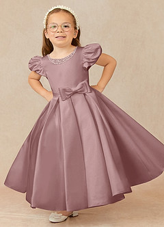 Azazie Jewel vestidos de niña de las flores Vestido de Rosa Polvorienta de Satin Mate de Vestido de gala con Plisado image1